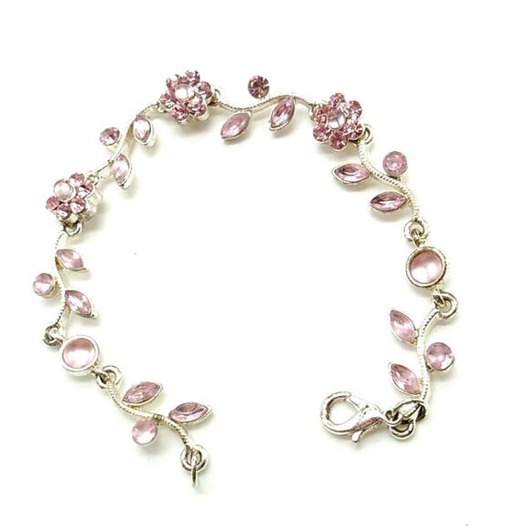 Dainty Pink Crystal Flower Vine Silver-tone Bracelet - Picture 9 of 12